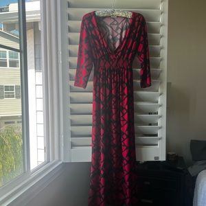 Red and black geometric pattern dress, floor length with elastic waist
